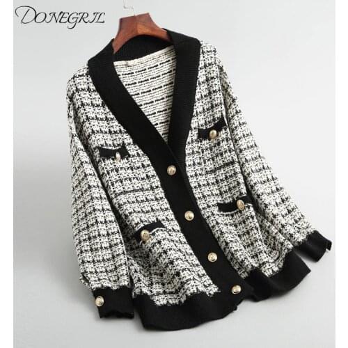 Quality New vintage Soft wool Jacket Women V-Neck Long Sleeve Knit Coat Female Spring autumn Loose Plaid Female Jacket Overcoat