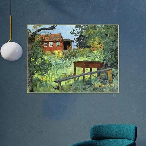Garden with Red House 1882, by Edvard Munch Canvas Oil Painting Artwork Aesthetic Picture Wall Backdrop Decor Home Decoration