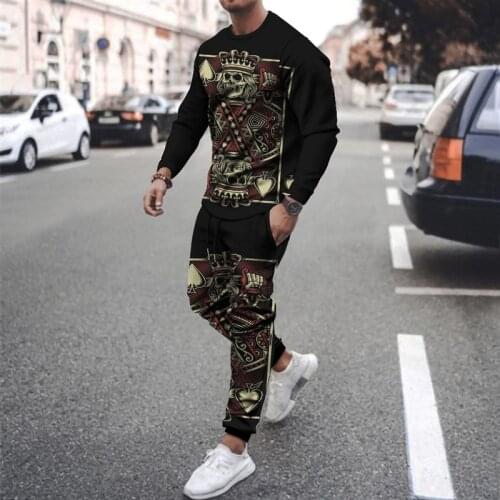 Summer leisure sports suit mens 2020 new 3D playing card printing long-sleeved T-shirt youth Korean two-piece sportswear