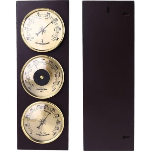 3Pcs/Set Barometer Hygrometer Thermometer Weather Station with Wooden Frame Base Ornaments 31cm x 11cm