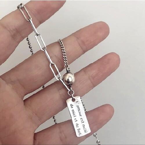 Fashion Round Bead Letter Thai 925 Sterling Silver Pendant Necklace For Women Vintage Asymmetric Clavicle Chain Jewelry