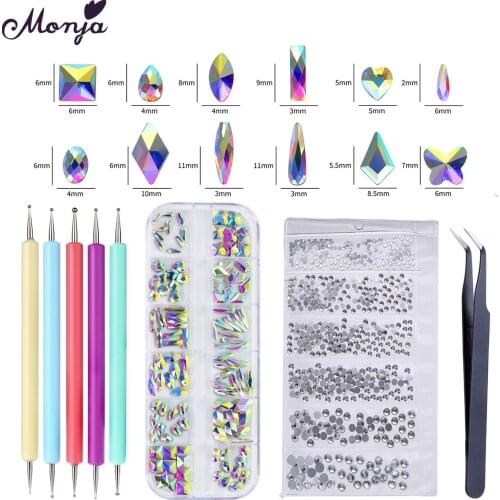Monja 4Pcs/Set Nail Art Set Tweezers Pens Glass Crystal AB Flatback Rhinestones Design 3D Gems Nipper Picking Manicure Kits