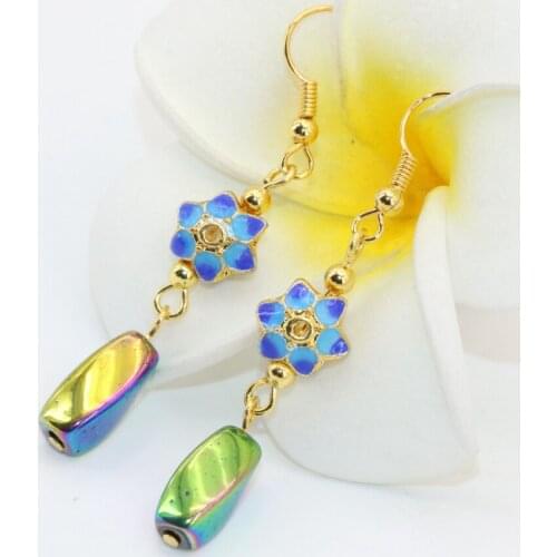 Wholesale price Bohemia style exquisite gold-color flower cloisonne hematite long drop dangle earrings elegant jewelry B2638