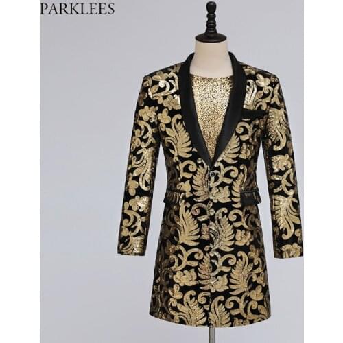 Luxury Gold Floral Embroidery Long Blazer Jacket Men Shawl Collar One Button Dress Mens Blazers for Prom Party Singer Costume