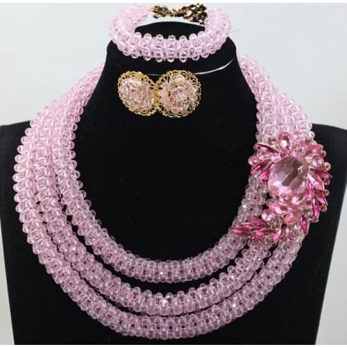 Baby Pink Fashion Chunky Jewellery Sets Handmade Bridal Beads Nigerian Beaded Jewelry Set Crystal Bead Sets Free Shipping WE030