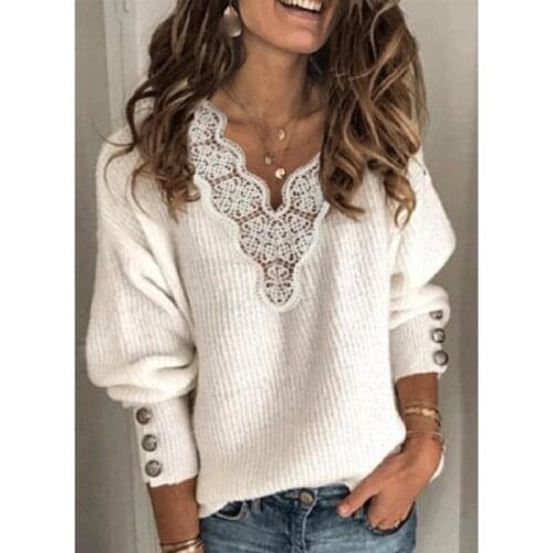 Women Sweaters Long Sleeve Loose Knitted Sweater Spring Autumn Sweater Jumper Casual Button Patchwork Plaid Lace Tops Pullover