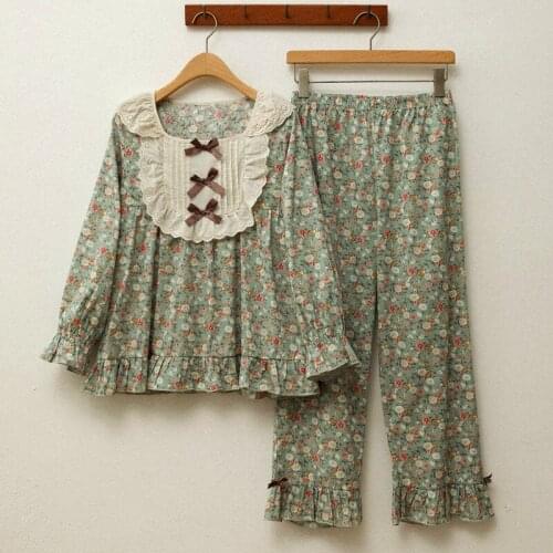 Japanese Sweet Pajamas For Women New 100% Cotton Home Clothing Loose Floral Palace Sleeping Set Pyjama Pour Femme Homewear