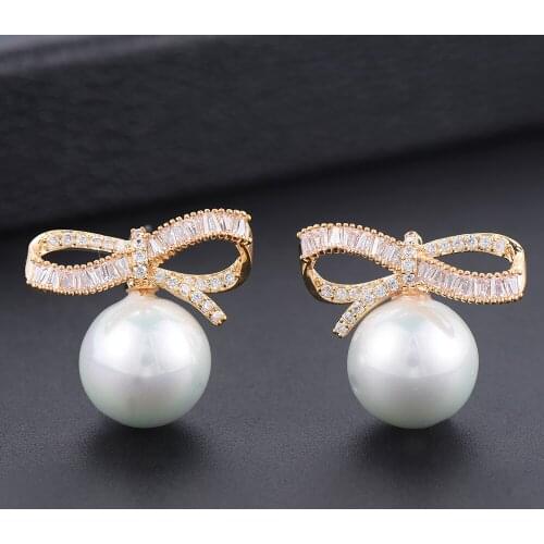 Blachette Trendy Bowknot Imitation Peal Korean Style Cubic Zircon Stud Earings jewelry For Women Girls Daily Wearing Pendientes