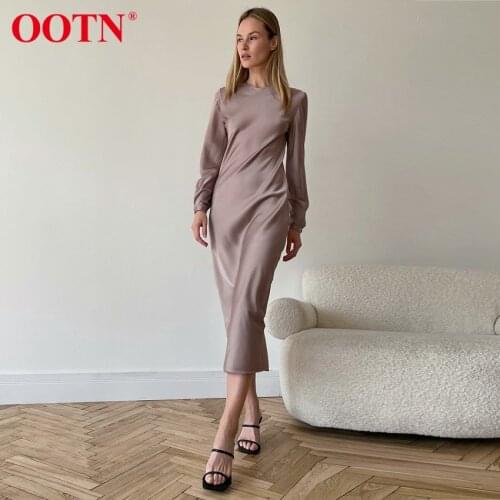 OOTN Office Work Khaki Midi Dress Ladies Autumn O-Neck Long Sleeve Casual Solid Women Dresses Elegant Satin Long Dress Silk 2021