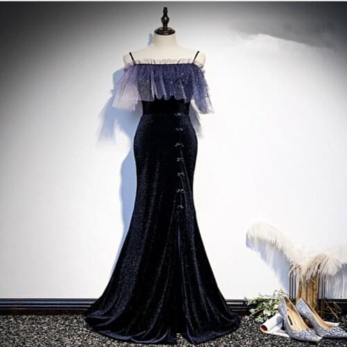 Vestido De Festa Boat Neck Mermaid Evening Dress Robe De Soiree 2021 Fashion Navy Blue Velvet Long Evening Dresses Formal Dress