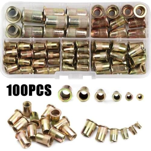 100PCS Carbon Steel Rivet Nuts M3 M4 M5 M6 M8 Flat Head Rivet Nuts Set Insert Rivets Assortment Set
