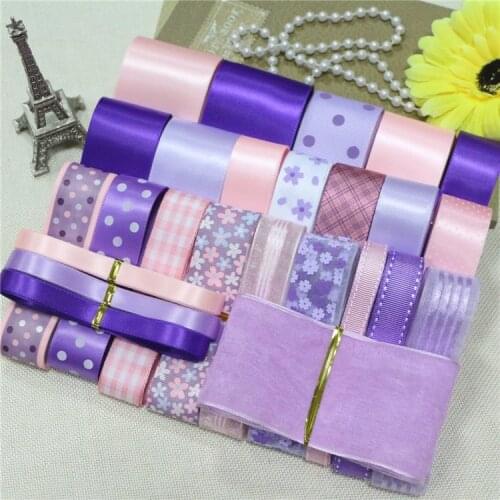 28 Yards/Set----DIY Hair Bow Material Pink & Purple Color Mix Ribbon Set