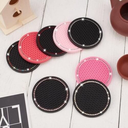 4pcs Bling Rhinestone Cup Holder Coasters Mat 2.75 Inch Soft Silicone Pad Set