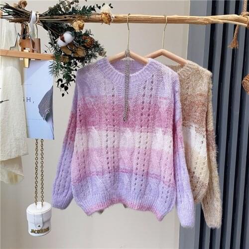 Hollow Out Sweater Thin Pullover Spring And Autumn 2021 New Womens Loose Mohair Long Sleeve Top Lazy Style