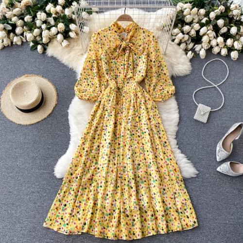 Banulin 2021 Summer Runway Boho Floral Long Dress Womens Puff Sleeve Bow Neck Elegant Floral Party Chiffon Dress N78687