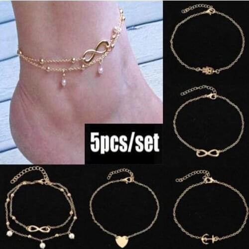 Five styles of fashion Bohemian pearl crystal summer foot anklets jewelry Give A set gift to a friend a beach anklets for women