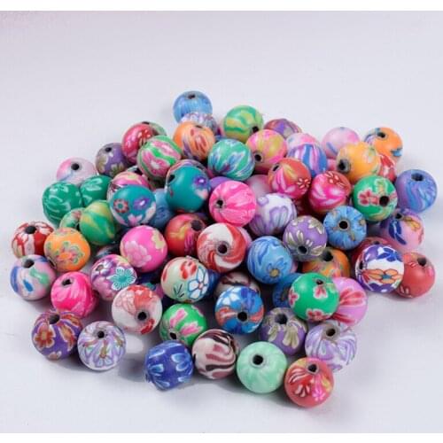 50/100Pcs 8mm Polymer Clay Flower Pattern Printing Beads Round Loose Beads Random Mix Colors for Make Jewelry Wholesale