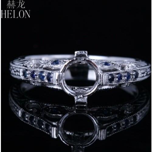 HELON 6mm Round Sterling Silver 925 100% Genuine Natural Sapphire Semi Mount Engagement Ring Vintage Antique Jewelry Women Gift