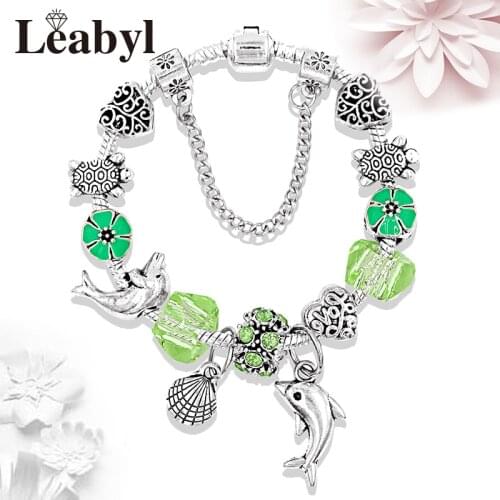 Classic Series Green Crystal Charm Bracelet Silver Color Turtle Dolphin Bead Bracelet & Bangle for Women Child Jewelry Gift