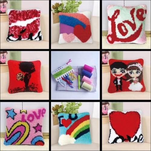 Latch Hook Button Cushion Fashion Love Rainbow Pattern Cushion Latch Hook Kits DIY Cross Stitch Pillows Carpet Hook Rug Flowers