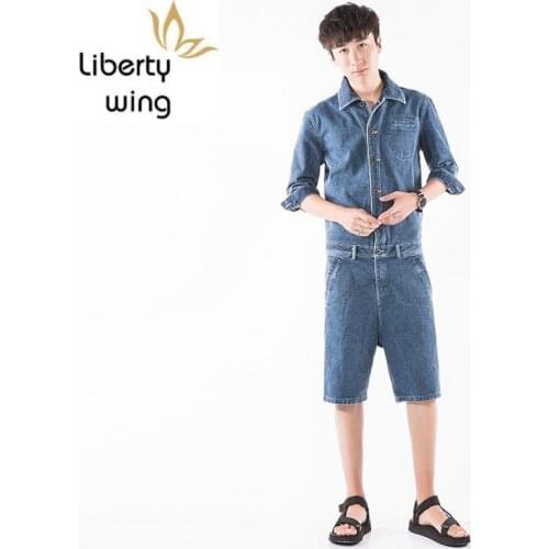 Jumpsuits Mens Summer Fashion Vintage Casual Short Sleeves Denim Coat Man Harajuku Knee Length Shorts Jeans Overalls Male
