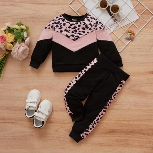 2Pcs Spring Kids Girls Print Pattern Leopard Outfit O-neck Pullover Tops Pants Childrens Clothing Sets