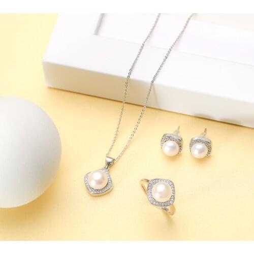 Square Shape Natural Freshwater Pearl Sets Jewelry for Women Necklace Pendant Earing Ring 9MM Wedding/Party set