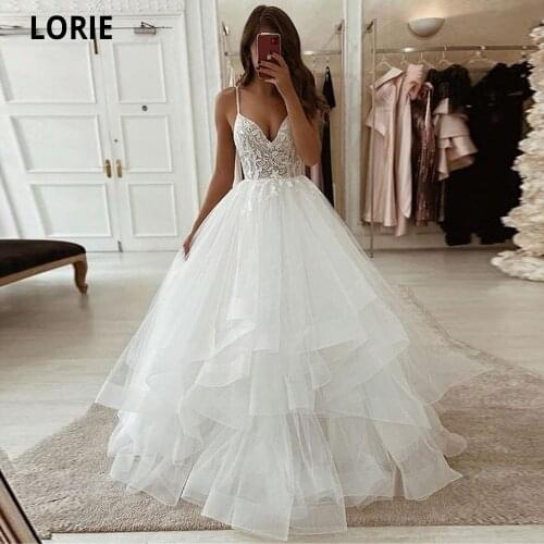 LORIE 2021 Puffy Tulle Wedding Dresses For Bridal Charming Beach Bride Gowns Spaghetti Straps Sleeveless Open Back Marriage Dres
