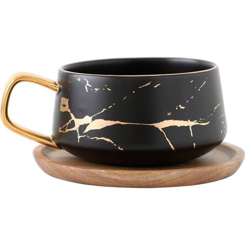 Nordic Matte Ceramic Marble Veins Tea Coffee Cups And Saucers Set Mug Espresso With Wood Lid Home Party Drinkware