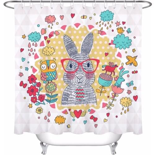 Cute Cartoon Birds And Rabbit in Glasses Shower Curtain Animal Bathroom White Waterproof Polyester Fabric for Kids Bathtub Decor