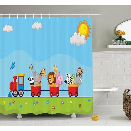 Cartoon Shower Curtain Cartoon Animal On Train with Birthday Sun and Clouds Lion Elephant Zebra Print Bath Curtains For Bathroom