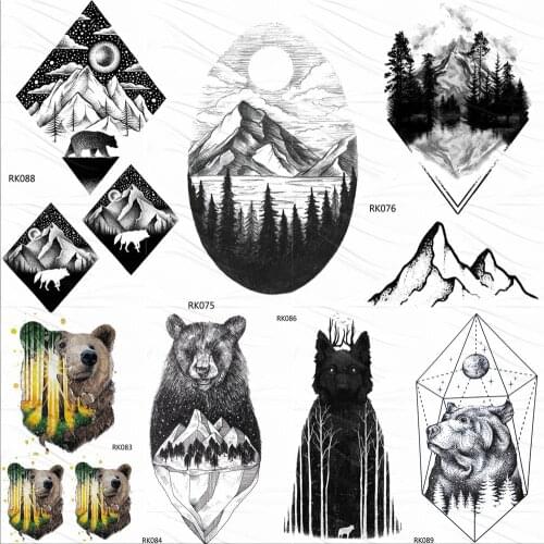 OMMGO Geometric Mountain Forest Temporary Tattoos Sticker Diamond Bear Moon Custom Tattoo Black Peak Body Art Arm Fake Tatoos