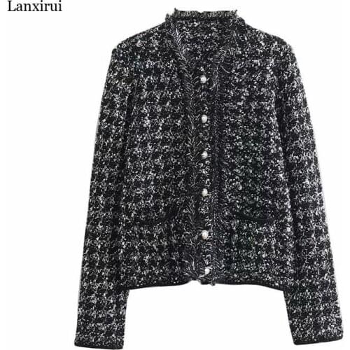 Autumn Black Tweed Fashion Short Jacket Feamale Chic Single Breasted Shining Long Sleeve Outwear Streetwear Jacket Femme