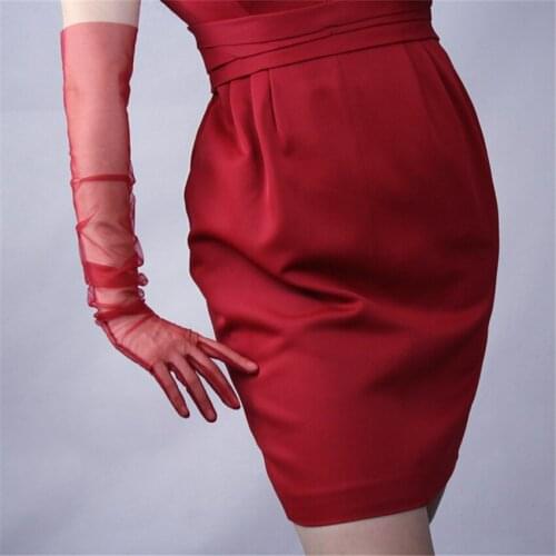 Women Hot Sale Mesh Gloves 70cm Fashion Wine Red Lace Gauze Super Long Touch Screen Gloves TBWS05