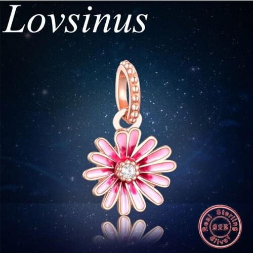Fit Europe Charms Bracelet 100% 925 Sterling Silver Original Pink Daisy Flower Dangle Charm Pendant DIY Jewelry Berloque Making