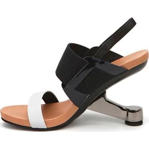 Gladiator Women Summer Sandals Real Leather Mixed Color Ladies Dress Party Sandalias 8cm Metal Strange Wedge Heels Formal Pumps