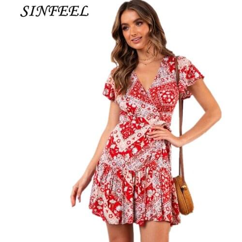 Sexy V Neck Ruffles Boho Wrap Dress Women Short Sleeve Summer Dress Party Floral Print Bow Causal Mini Beach Dress Vestidos
