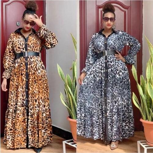 African Print Leopard Dress Women Dashiki Maxi Dresses Muslim Fashion Abaya Plus Size Ankara Female Clothing Evening Gown