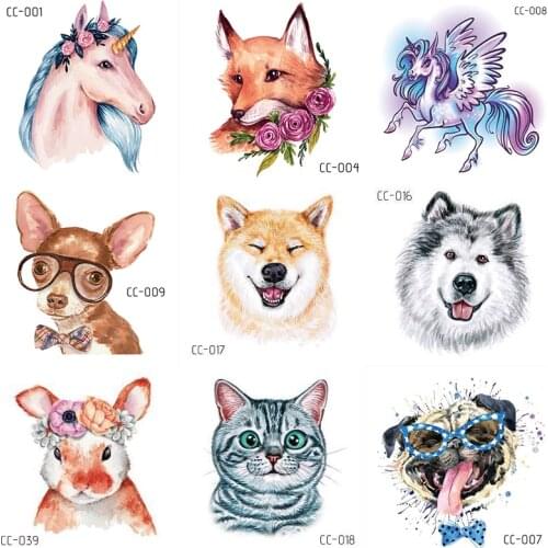 Waterproof Cute Animals Temporary Tattoos Girls Boys Arm Body Ankle DIY Lovely Cat Dog Unicorn Rabbit Tattoo Decals Wholesale
