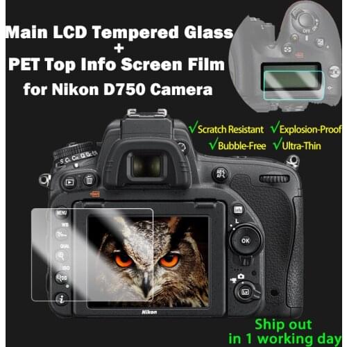 2PCS D750 Tempered Glass Protective Self-adhesive Glass Main LCD Display + Film Info Screen Protector Guard Cover for Nikon D750