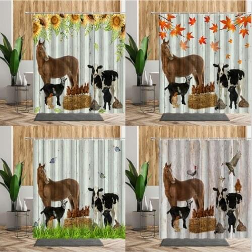 Farm Animal Shower Curtain Horse Birds Rabbit Bathroom Home Decors Wooden Stripes Backdrop Wall Hanging Fabric Bath Curtains Set