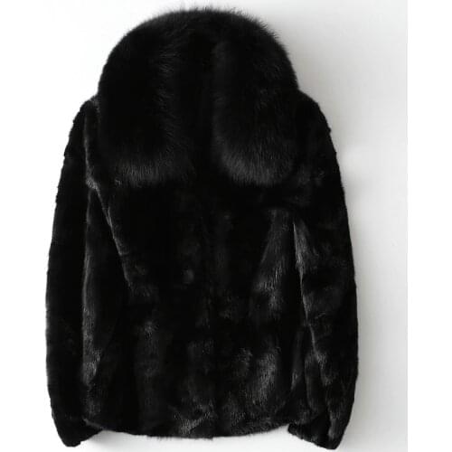 Winter Warm Thick 2020 Fox Collar Mink Coat for Women Black Office New Mink Fur Jacket with Removable Collar Silk Lining Wb56