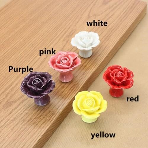 Free shipping Cololful Rose ceramic Drawer knobs Lovely beautyful kids room drawer handles Porcelain wardrobe wine cabinet knobs