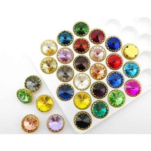 Glitter glass Crystal strass12mm Rivoli round shape with Gold base lacy claw flatback sew on rhinestones shoes garment trim diy