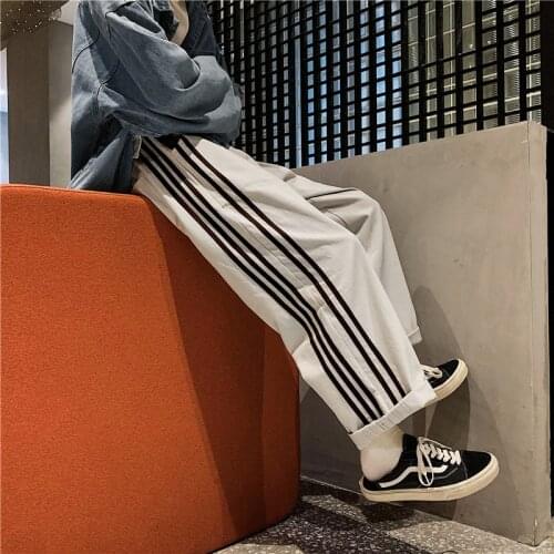 Fashion Hip Hop Wide Leg Pants Men Clothing Korean Striped Casual Straight Leg Pants Ulzzang Loose Sports Pants Kpop Clothes
