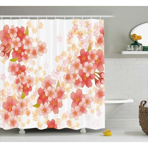 Floral Shower Curtain Japanese Sakura Flowers Cherry Blossoms in Vibrant Colors Illustration Bath Curtains for Bathroom Decor