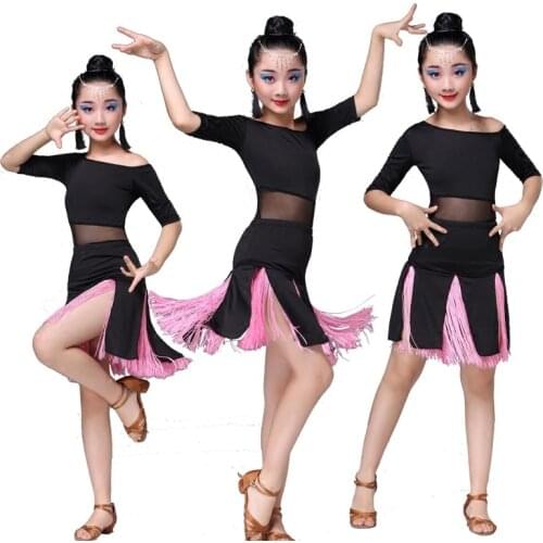Latin Dance Competition Ballroom Tango Skirts and Dresses Girls Children Costume for Kids Salsa Sequin Dress Fringe Kid Child