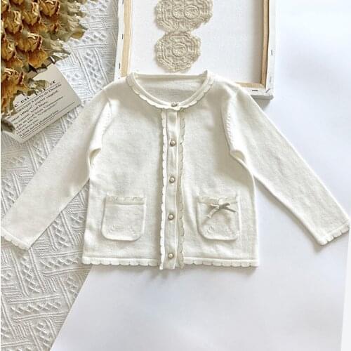 Baby Girl White Knitted Single Breasted Solid Sweater Cardigan 2021 Autumn Ins Style Blouse 2-7 Years Children Clothing Outwear