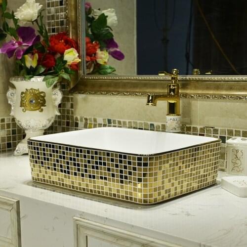 Ceramic Basin bowl Rectangular Art Ceramic Washbasin Household Golden Mosaic ceramic wash basin bathroom sink
