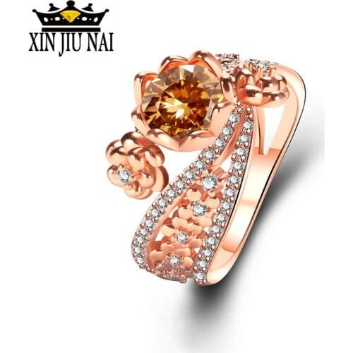 2019 Hot Sale Ring Flower Ornaments European and American Fashion Zircon Handmade Princess Engagement Ring Rose Gold Ring